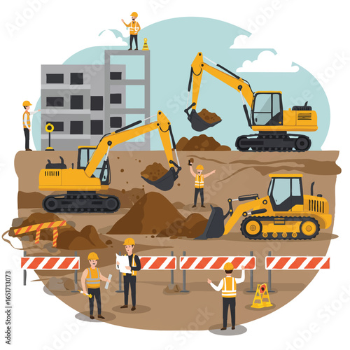 Construction site with excavators and workers building a structure, illustrating progress and development in urban infrastructure projects.