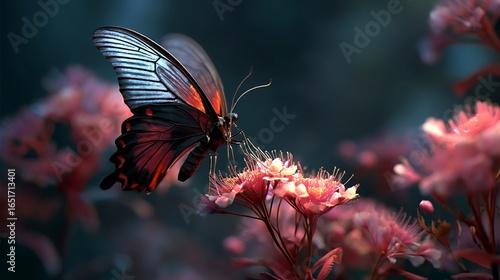 A butterfly with open wings drinking nectar from a blooming flower