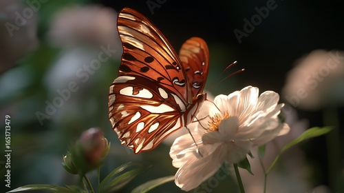 A butterfly with open wings drinking nectar from a blooming flower