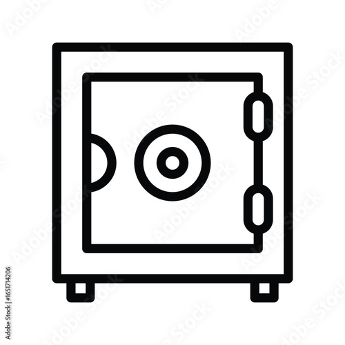 A safe outline features a round handle hinged door and a sturdy box shape with two small square feet, web icons in line style. Editable stroke