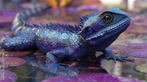 A small water dragon with shimmering blue-purple scales living in a hidden lake