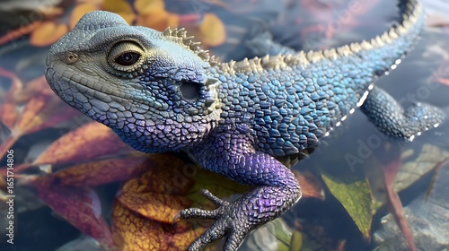 A small water dragon with shimmering blue-purple scales living in a hidden lake