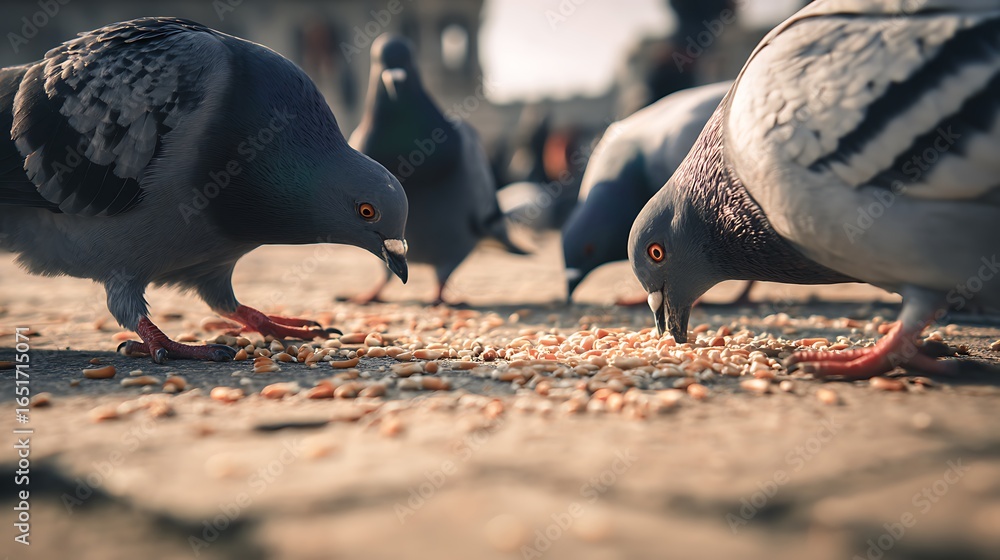 Fototapeta premium A group of pigeons pecking corn kernels in a city park square 