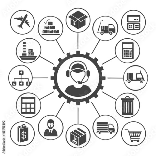 Centralized logistics and customer service operations hub with interconnected icons representing various aspects of supply chain management and business functions