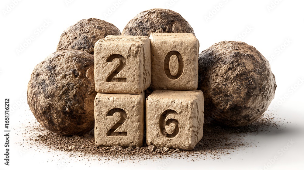 Fototapeta premium 2026 Year Concept Cubes with Numbers Dirt on White Background.
