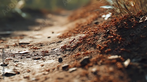 A trail of ants carrying crumbs back to their anthill on a dirt path 