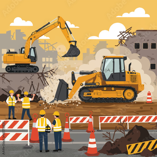 Illustration depicts a construction site with heavy machinery and workers demolishing a building, showcasing urban development and infrastructure projects in a stylized manner.