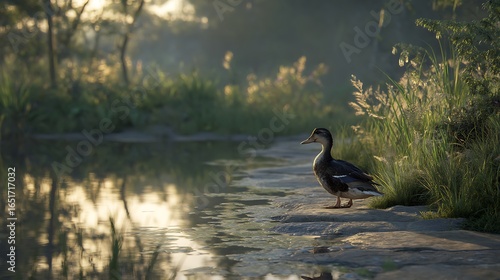 A duck walking along the edge of a pond in the early morning light