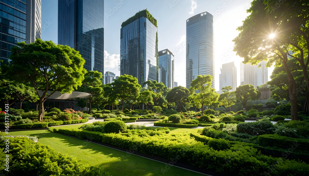 Fototapeta premium Lush Green Park with Trees and Buildings Under the Blue Sky with Bright Sunlight in Modern Urban Setting