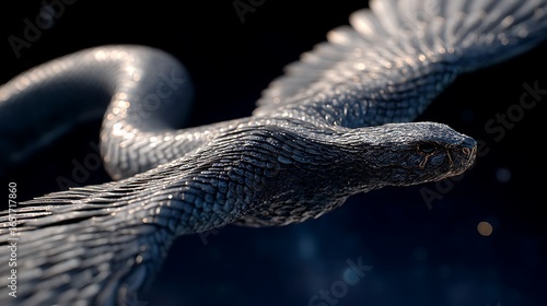 A winged snake with silver scales flying through the night sky 