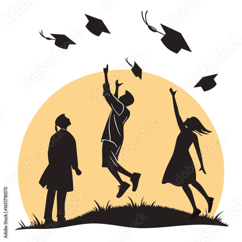 Graduation celebration silhouette students in caps and gowns toss their mortarboards into the air against a warm sunset