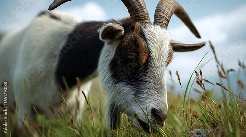 A male goat with curved horns grazing on fresh grass in a village field