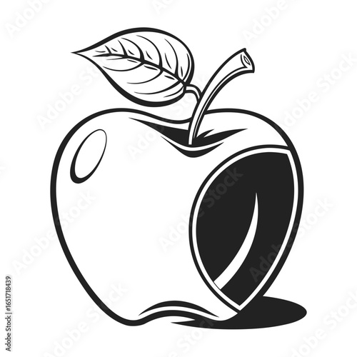 Stylized black and white illustration of a bitten apple with a leaf and stem symbolizing health and temptation