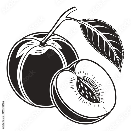 A stylized black and white illustration of a whole peach with a leaf and a halved peach showing its pit and juicy flesh