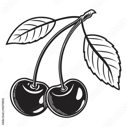A stylized black and white illustration of two ripe cherries with stems and leaves perfect for graphic design and culinary themes