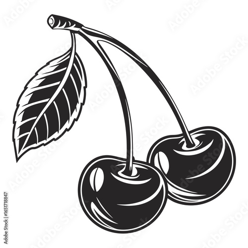 A stylized black and white illustration of two ripe cherries connected by a stem with a single detailed leaf