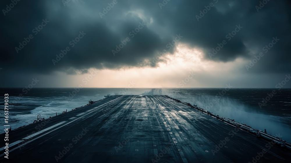 Fototapeta premium Expansive View of Aircraft Carrier Deck Under Stormy Sky