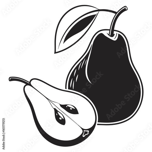 A stylized black and white illustration of a whole pear with a leaf and stem alongside a halved pear revealing its seeds and core