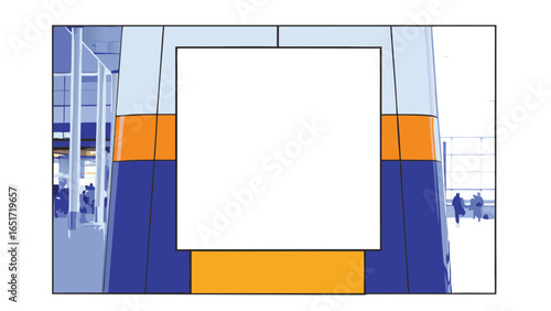 Blank white poster mockup on colorful wall in modern airport terminal with people walking around