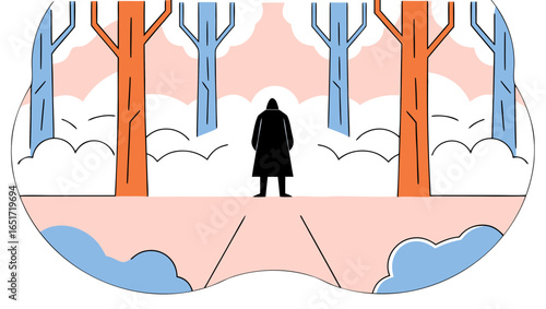 Mysterious man in long coat stands alone on path, surrounded by colorful winter trees