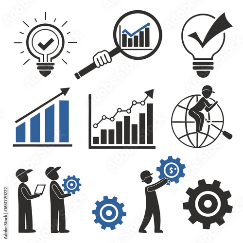 Business growth and success icons including charts lightbulbs gears and people working on global strategy and data analysis