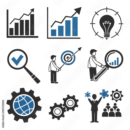 Business growth strategy icons depicting progress analysis innovation goal achievement team collaboration and operational efficiency through gears and global reach