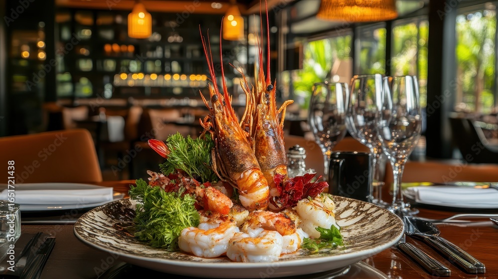 Obraz premium Exquisite Seafood Platter with Shrimp and Lobster in Elegant Restaurant