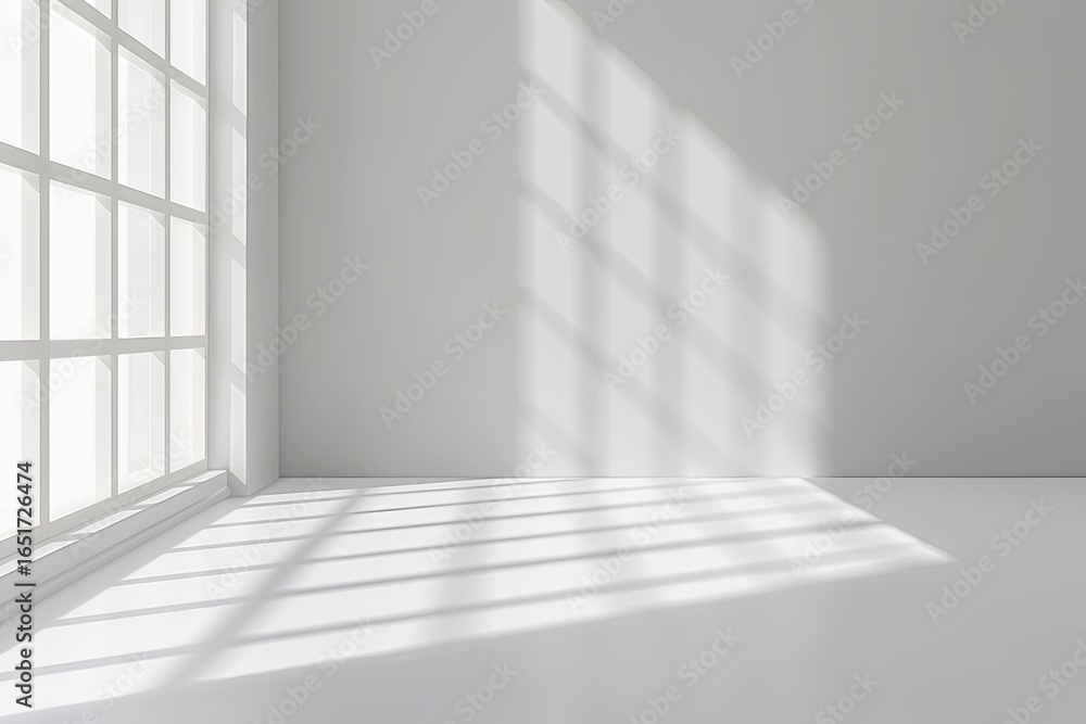 Sunlight streams through window in empty white room, casting shadows on floor; interior design Sunlight streams through window in empty white room, casting shadows on floor; interior design