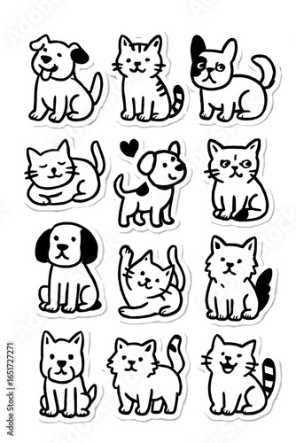 Adorable Pet Sticker Vector Set—Cartoon Dogs and Cats in Fun Poses.