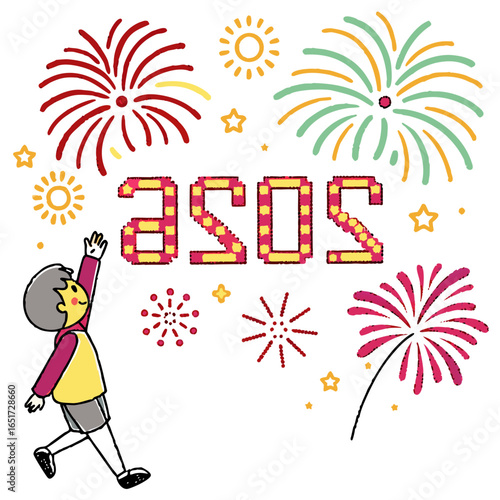 A young boy reaches up towards the word asos surrounded by colorful fireworks and stars in a celebratory illustration