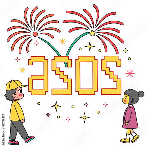 Two stylized children observe a large pixelated asos logo with colorful fireworks and sparkling stars against a white background celebrating fashion and retail