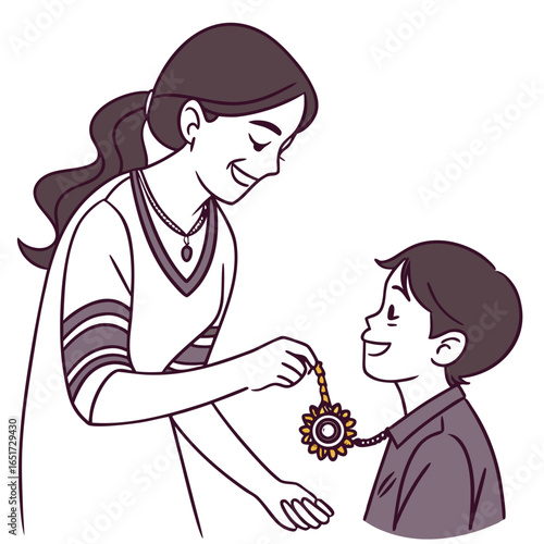 A sister lovingly ties a rakhi bracelet around her younger brother s wrist celebrating the auspicious occasion of raksha bandhan