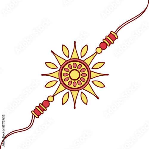 A colorful and decorative rakhi bracelet with a sun like motif symbolizing the bond between brothers and sisters during raksha bandhan celebrations