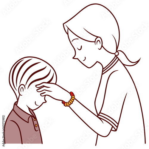 A caring mother gently places her hand on her son s forehead to check for fever or offer comfort and reassurance