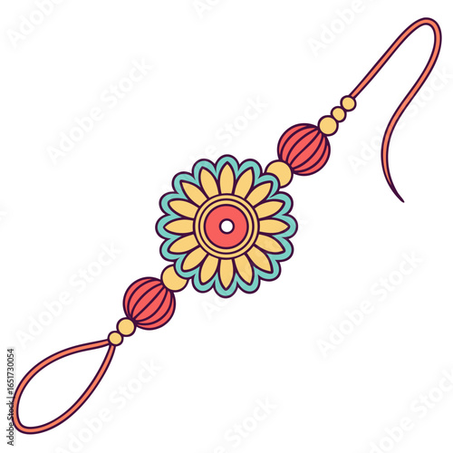 A beautifully illustrated rakhi bracelet with a floral design featuring yellow petals and a red center adorned with coral beads and a thin orange string