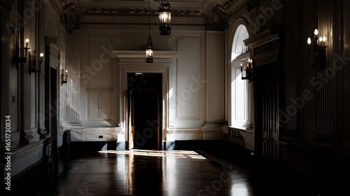 Deserted government building with empty hallways and closed office doors, symbolizing a government shutdown. Concept of political inactivity, bureaucratic standstill, and public service disruption.