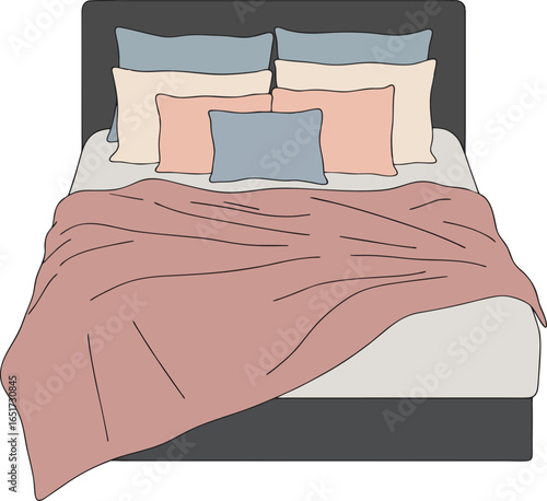 Flat Vector Cozy Bed with Blanket and Pillows