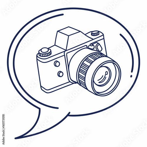 A simple line drawing of a vintage camera inside a speech bubble representing photography and communication