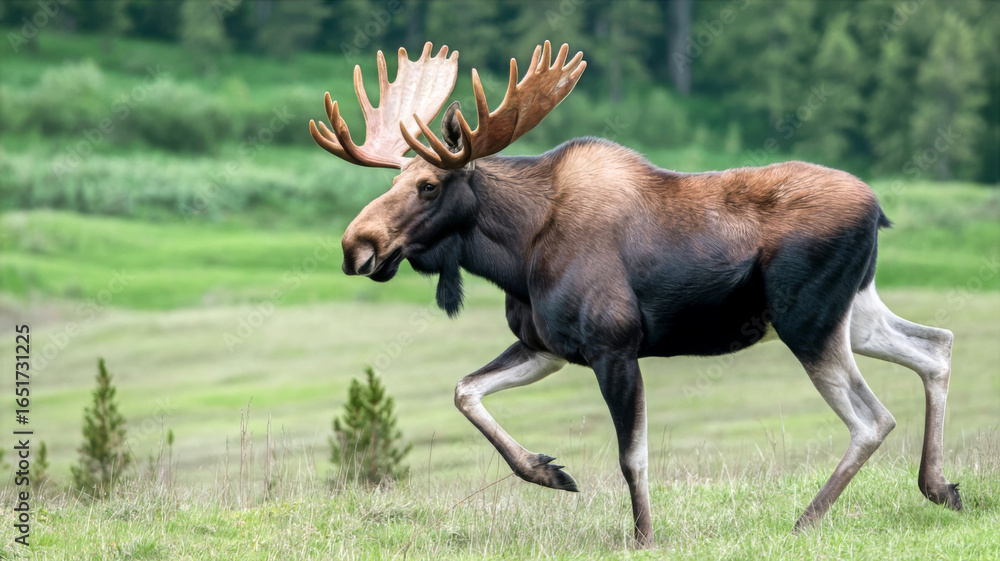 Fototapeta premium Moose with large antlers walking in green meadow during daytime