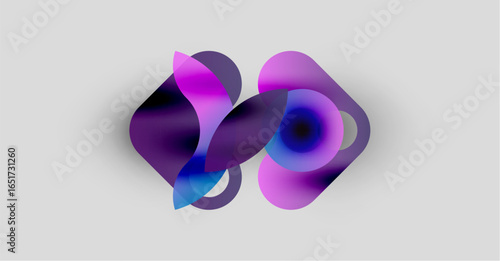 Abstract shapes overlap, creating vibrant purple, blue gradients. Soft glow enhances fluid forms against light background.