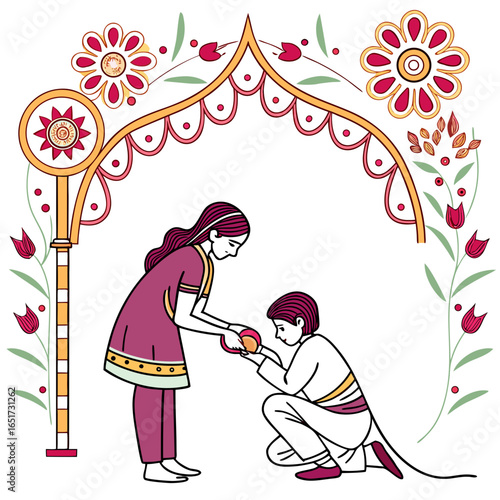 A sister lovingly places a tilak on her brother s forehead under a decorative archway adorned with flowers and foliage symbolizing a traditional indian festival celebration