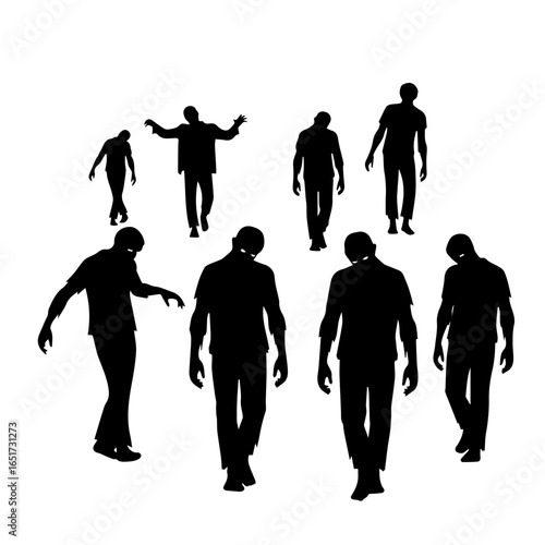 Silhouetted zombie horde walking ominously on a plain background, representing horror, undead