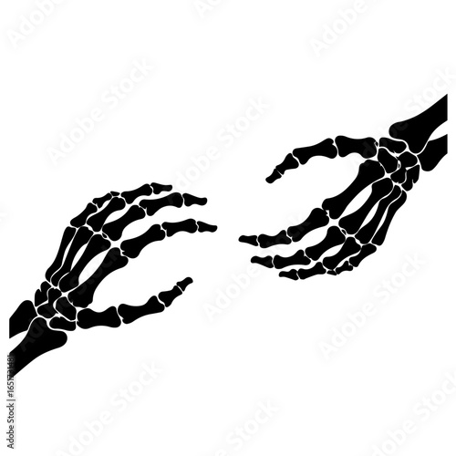 Black skeleton hands reaching out on a plain background, conveying themes of mortality, halloween