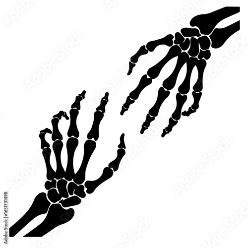 Dark skeletal hands reaching towards each other on a square, minimal background suggesting connection, mortality