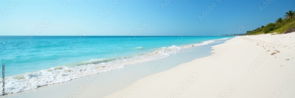 Fototapeta premium White sand, gentle waves lapping shore, blue sky, distant horizon, peaceful beach, waves, light