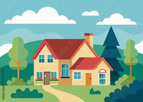 Cozy House with Red Roof in a Serene Landscape with Trees and Clouds