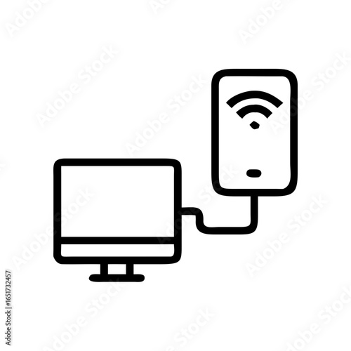 Illustration of a desktop computer connected via cable to a mobile phone displaying a wifi signal icon