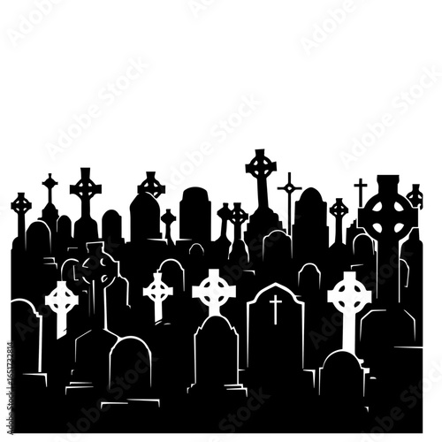 Spooky graveyard silhouette with tombstones, crosses, and Celtic designs creating a somber and mysterious atmosphere
