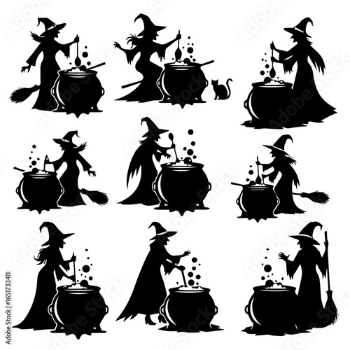 Spooky witch silhouettes brewing potions in cauldrons for Halloween, creating a magical and eerie atmosphere with bubbling brews and mysterious spells
