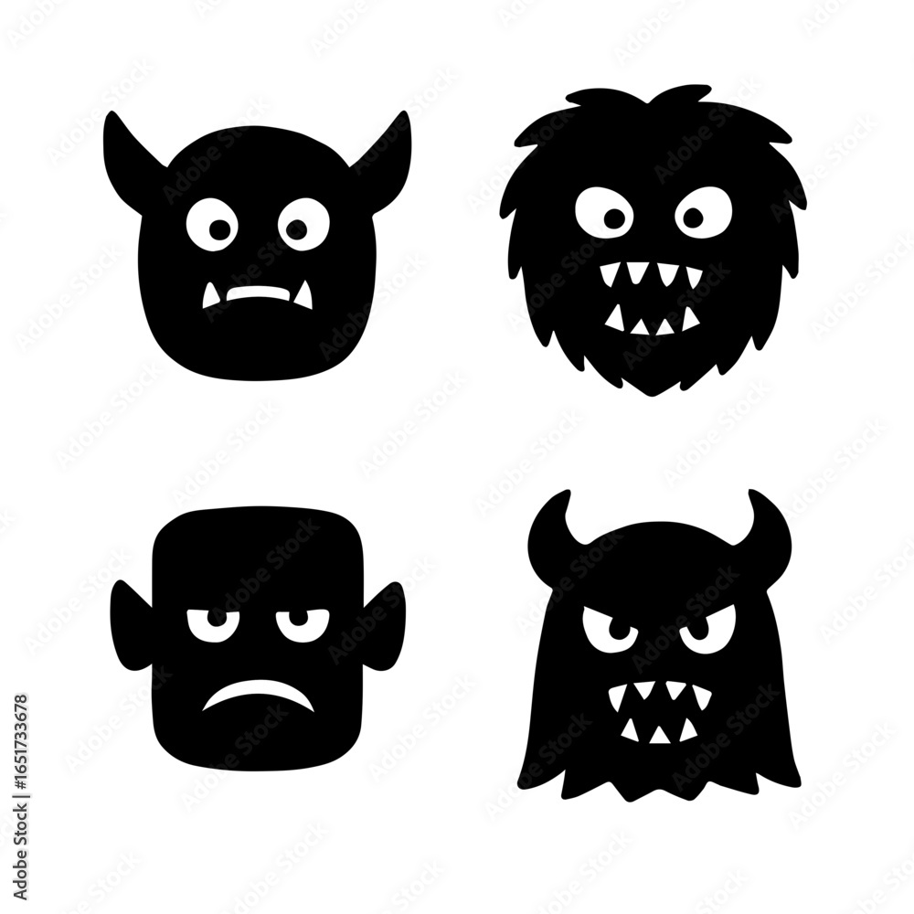 Fototapeta premium Black spooky monster silhouettes with horns and teeth for Halloween themed designs and decorations, perfect for spooky season invitations and party favors